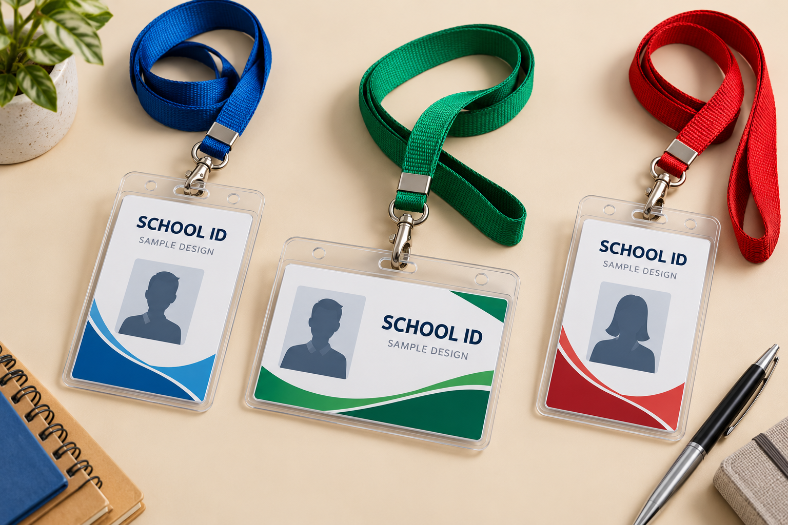 Illustrative school ID cards and lanyards